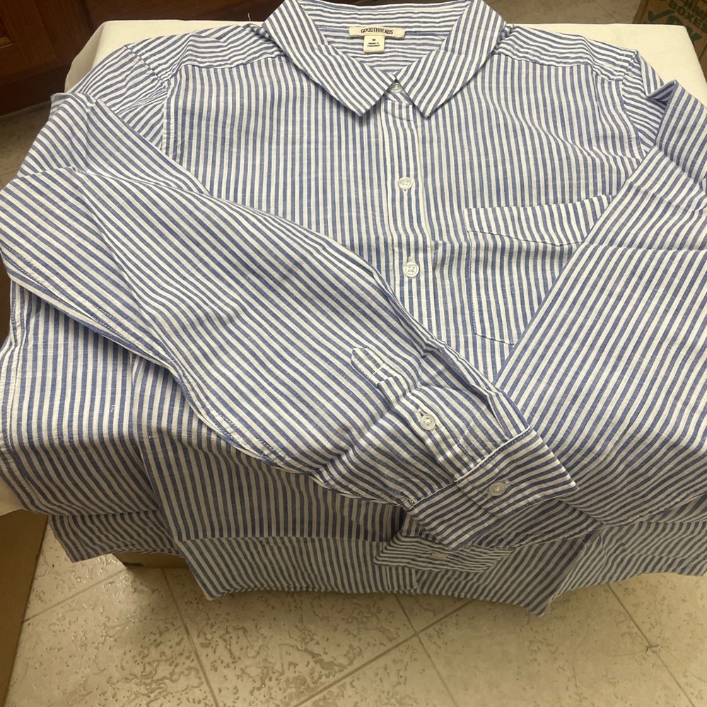 Good threads, medium blue and white striped longsleeve shirt